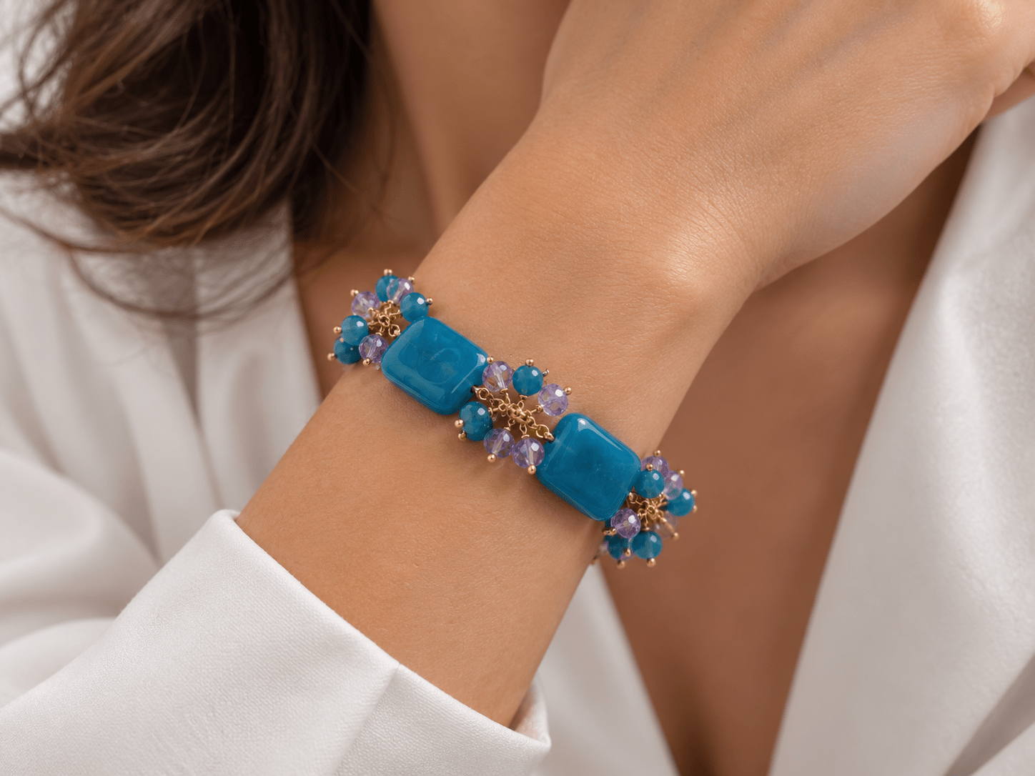 Bracciali Bracciale Donna Artigianale Handmade | Calcedonio Blu Rettangolare e Cristalli Ottanio e Viola | Made in Italy - Handmade Made in Italy