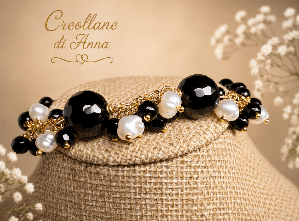 Bracciali Bracciale Donna Artigianale Handmade | Calcedonio Nero e Perle di Fiume | Made in Italy - Handmade Made in Italy