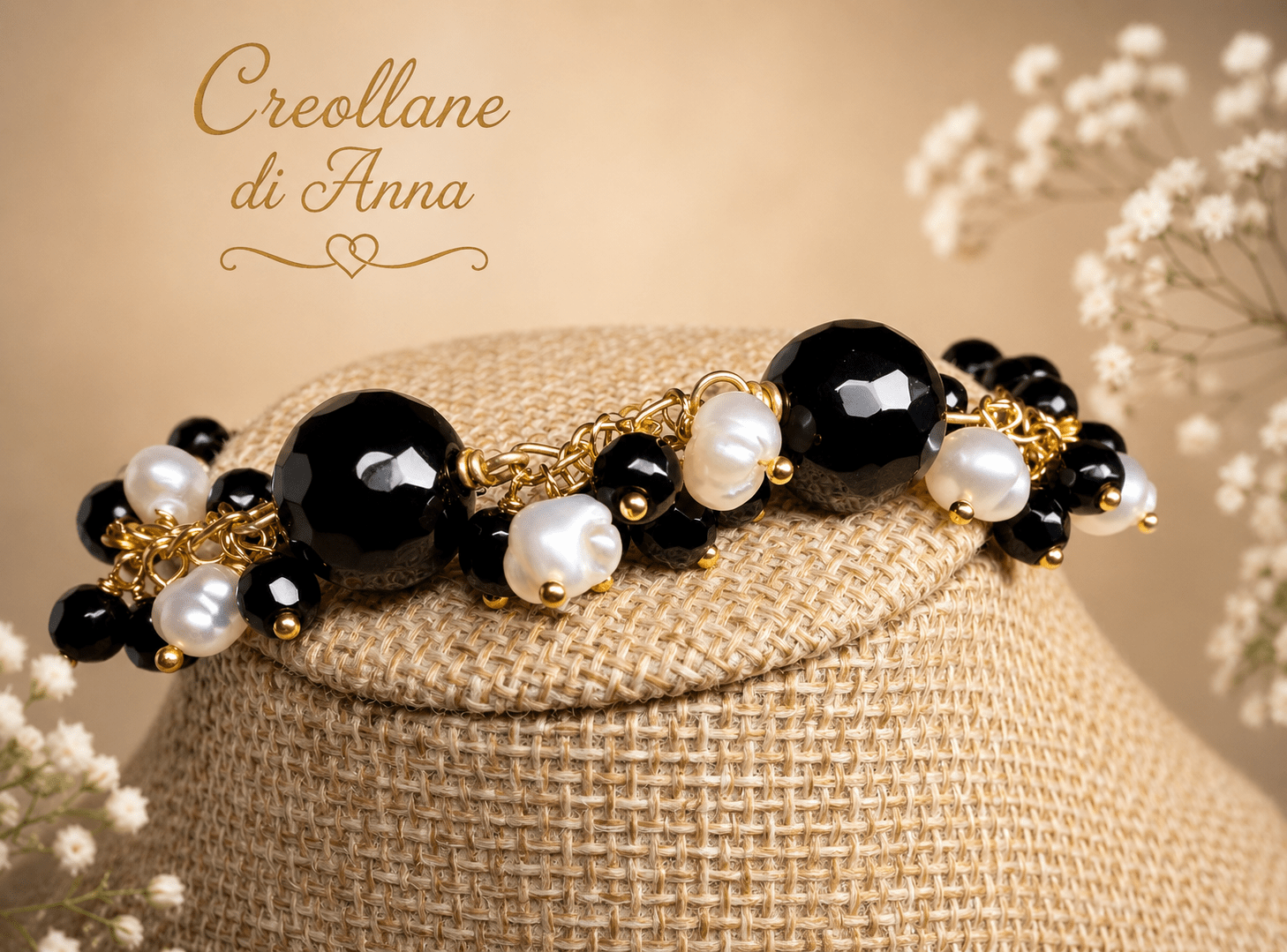 Bracciali Bracciale Donna Artigianale Handmade | Calcedonio Nero e Perle di Fiume | Made in Italy - Handmade Made in Italy