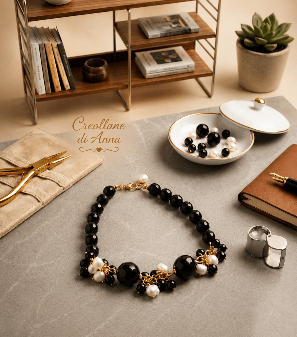 Bracciali Bracciale Donna Artigianale Handmade | Calcedonio Nero e Perle di Fiume | Made in Italy - Handmade Made in Italy
