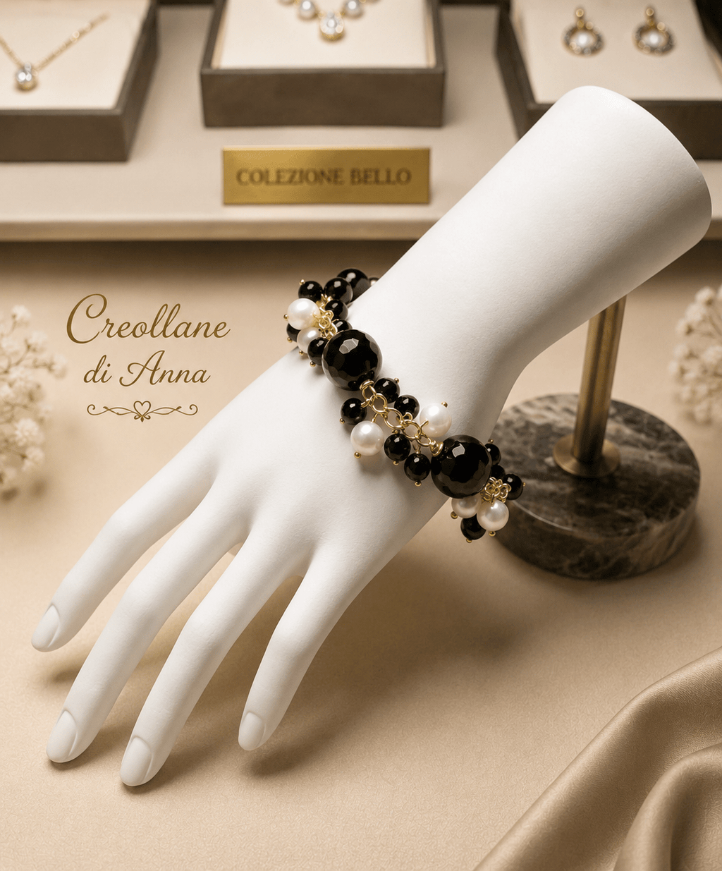 Bracciali Bracciale Donna Artigianale Handmade | Calcedonio Nero e Perle di Fiume | Made in Italy - Handmade Made in Italy