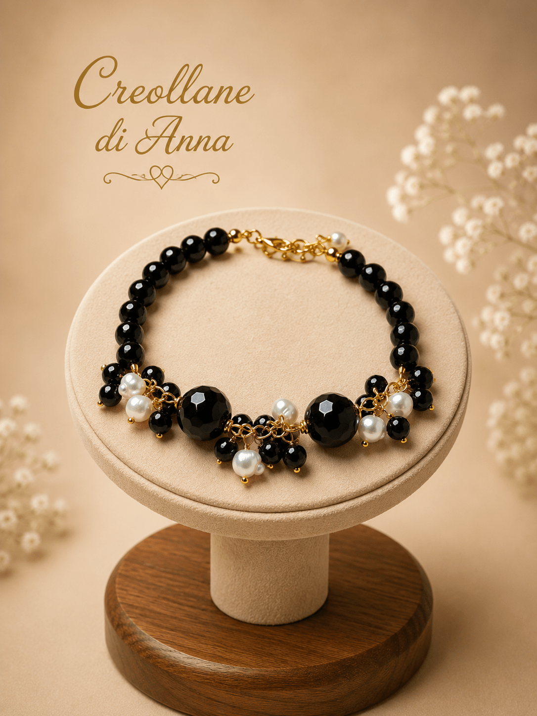Bracciali Bracciale Donna Artigianale Handmade | Calcedonio Nero e Perle di Fiume | Made in Italy - Handmade Made in Italy