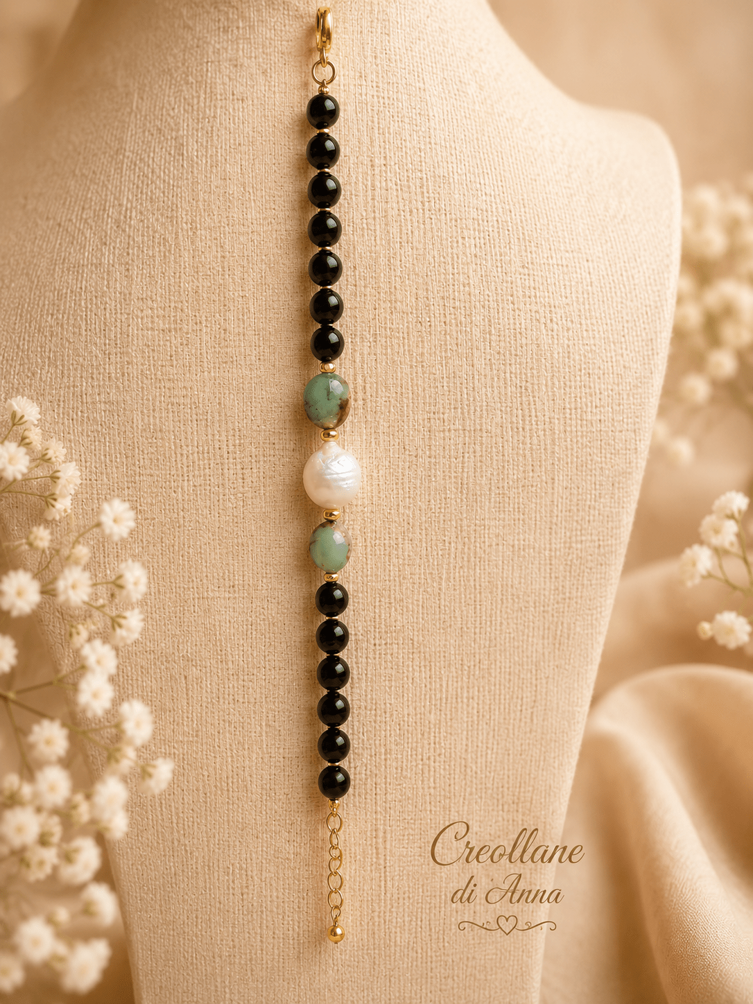 Bracciali Bracciale Donna Artigianale Handmade | Onice Nero, Ematite Dorata, Crisoprasio e Perla Naturale | Made in Italy - Handmade Made in Italy