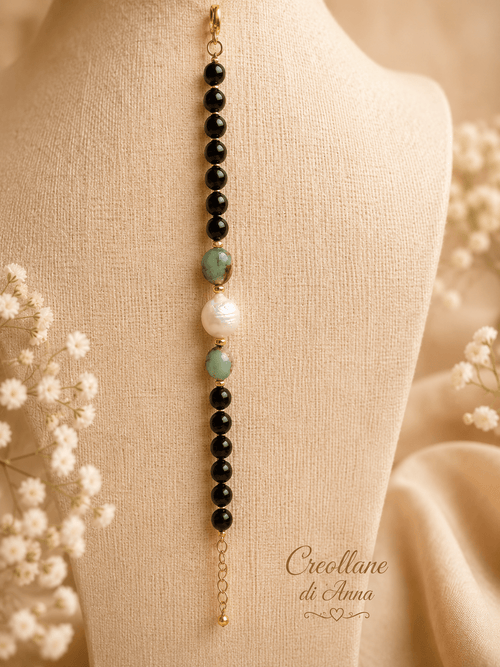 Bracciale Donna Artigianale | Onice Nero, Ematite Dorata, Crisoprasio e Perla Naturale | Made in Italy