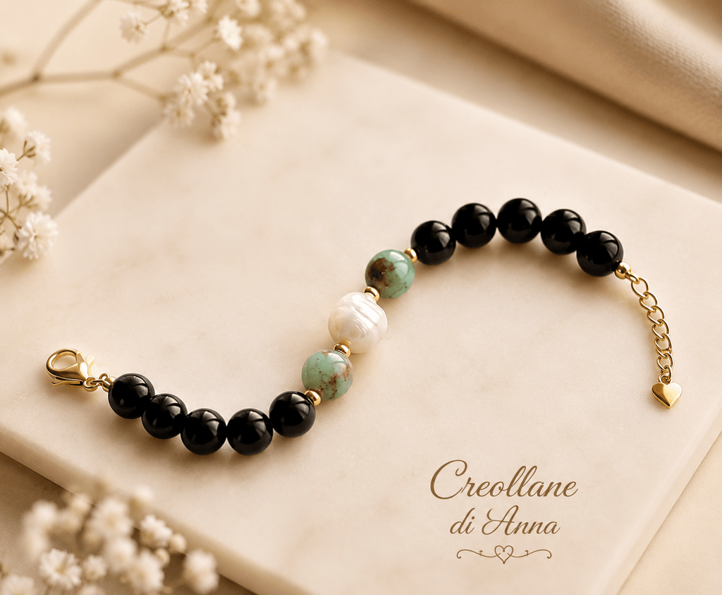 Bracciali Bracciale Donna Artigianale Handmade | Onice Nero, Ematite Dorata, Crisoprasio e Perla Naturale | Made in Italy - Handmade Made in Italy