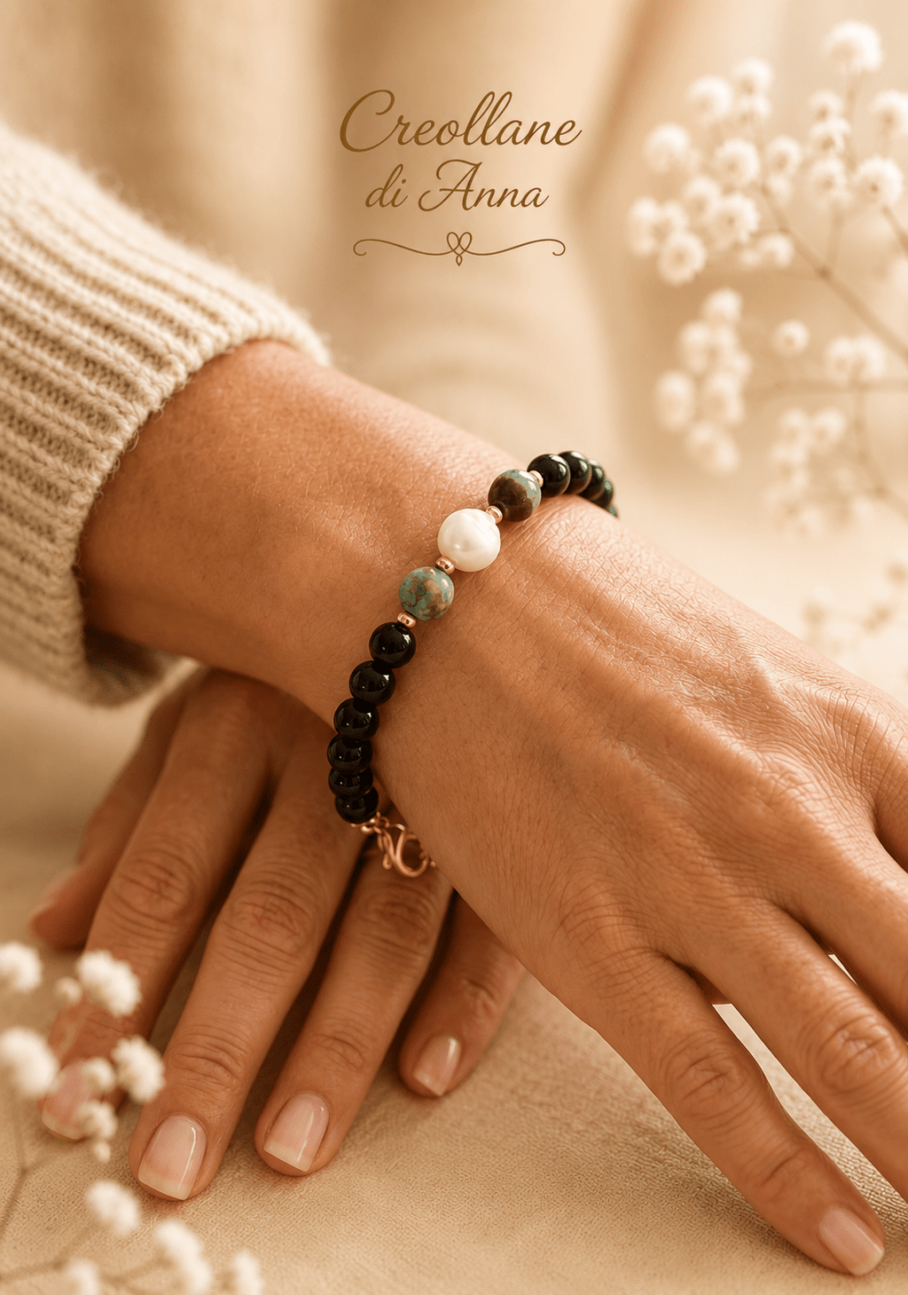 Bracciali Bracciale Donna Artigianale Handmade | Onice Nero, Ematite Dorata, Crisoprasio e Perla Naturale | Made in Italy - Handmade Made in Italy