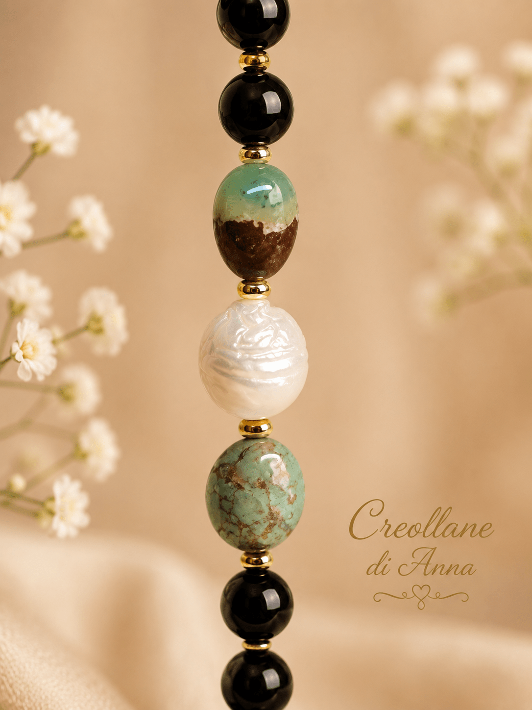 Bracciali Bracciale Donna Artigianale Handmade | Onice Nero, Ematite Dorata, Crisoprasio e Perla Naturale | Made in Italy - Handmade Made in Italy