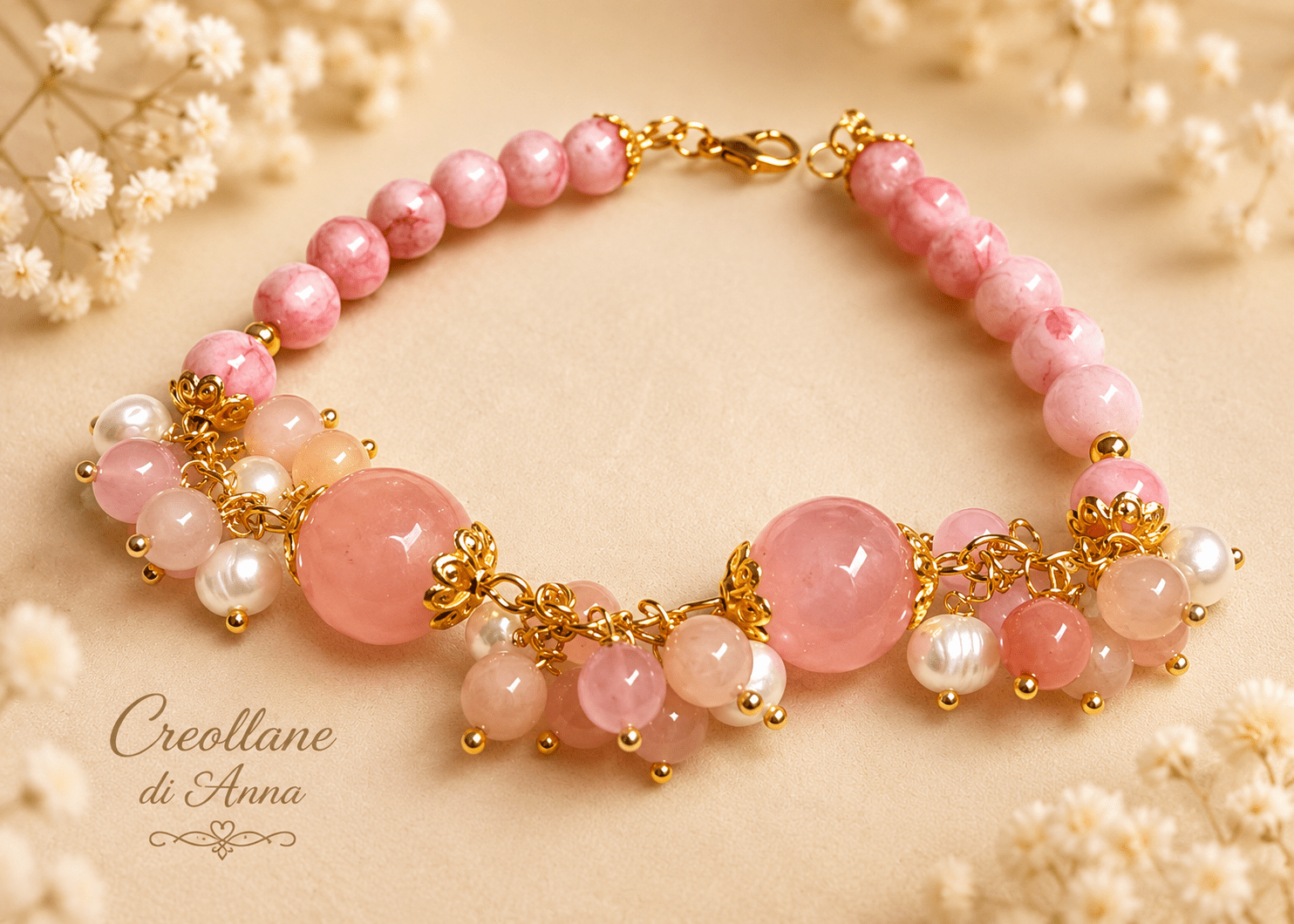 Bracciali Bracciale Donna Artigianale Handmade | Quarzo Rosa, Giada e Perle di Fiume | Made in Italy - Handmade Made in Italy