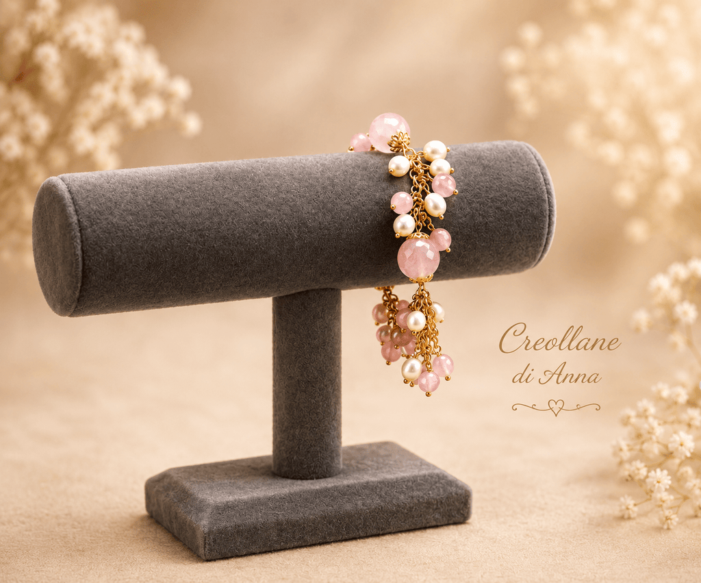 Bracciali Bracciale Donna Artigianale Handmade | Quarzo Rosa, Giada e Perle di Fiume | Made in Italy - Handmade Made in Italy