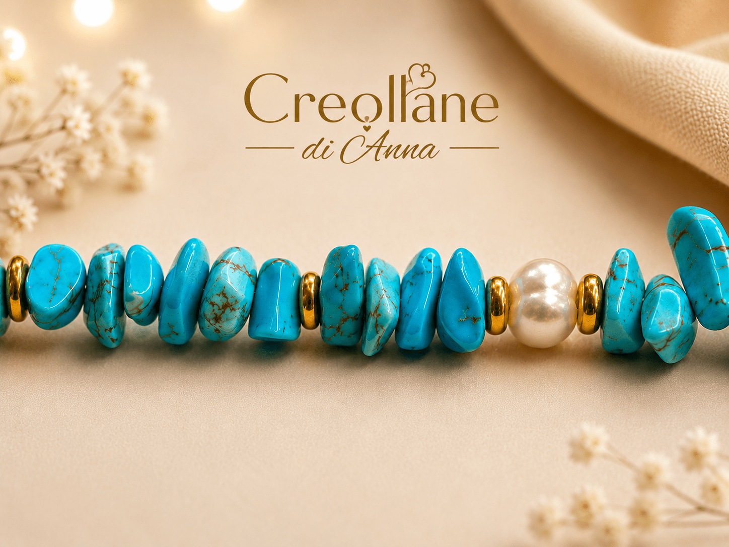 Bracciali Bracciale Donna Artigianale Handmade | Turchese Grezzo Irregolare e Perline Dorate | Made in Italy - Handmade Made in Italy
