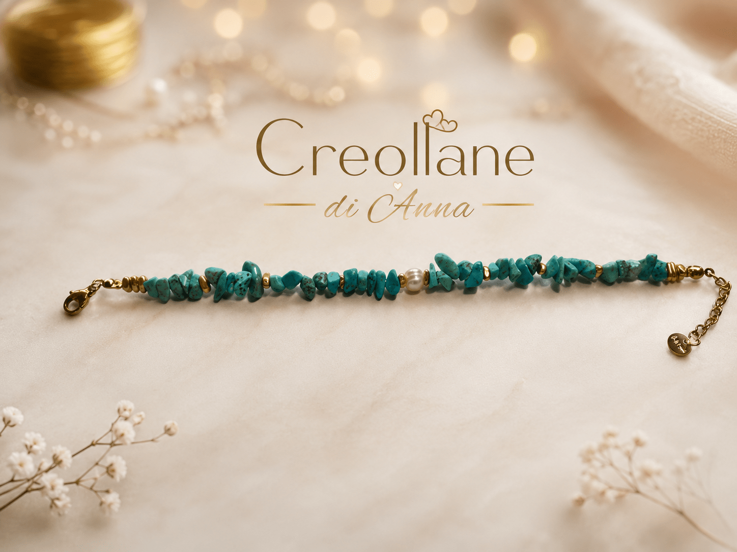 Bracciali Bracciale Donna Artigianale Handmade | Turchese Grezzo Irregolare e Perline Dorate | Made in Italy - Handmade Made in Italy