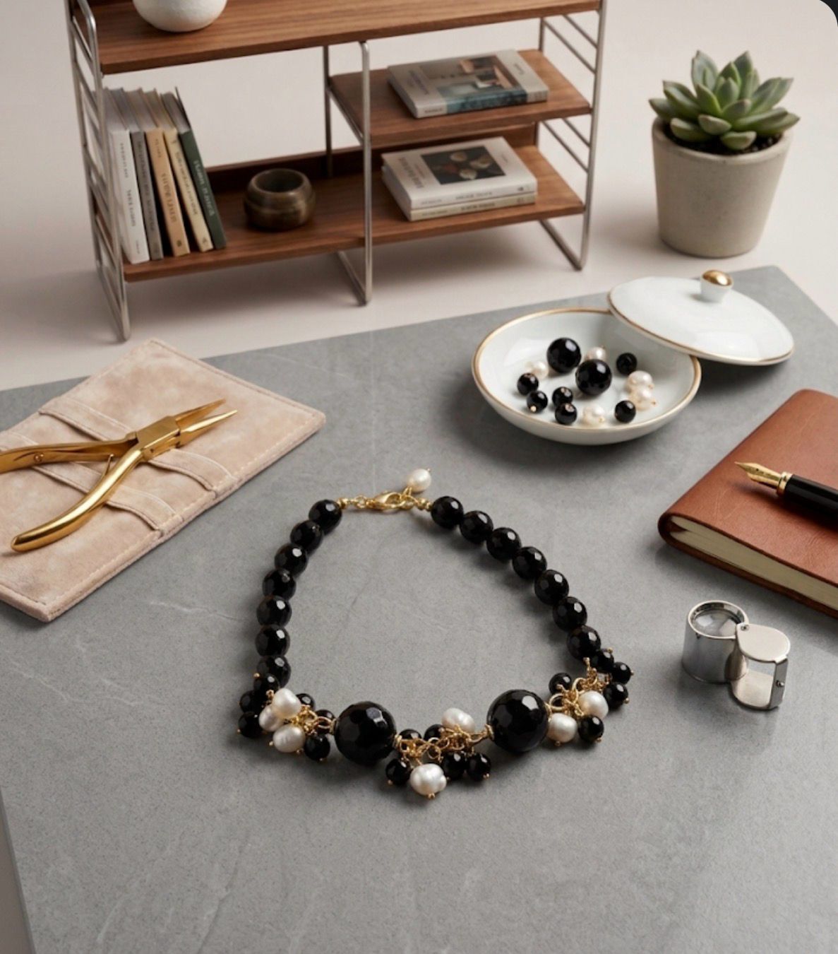 Bracciali Bracciale realizzato con calcedonio nero e perle di fiume naturali | Handmade Italia - Handmade Made in Italy