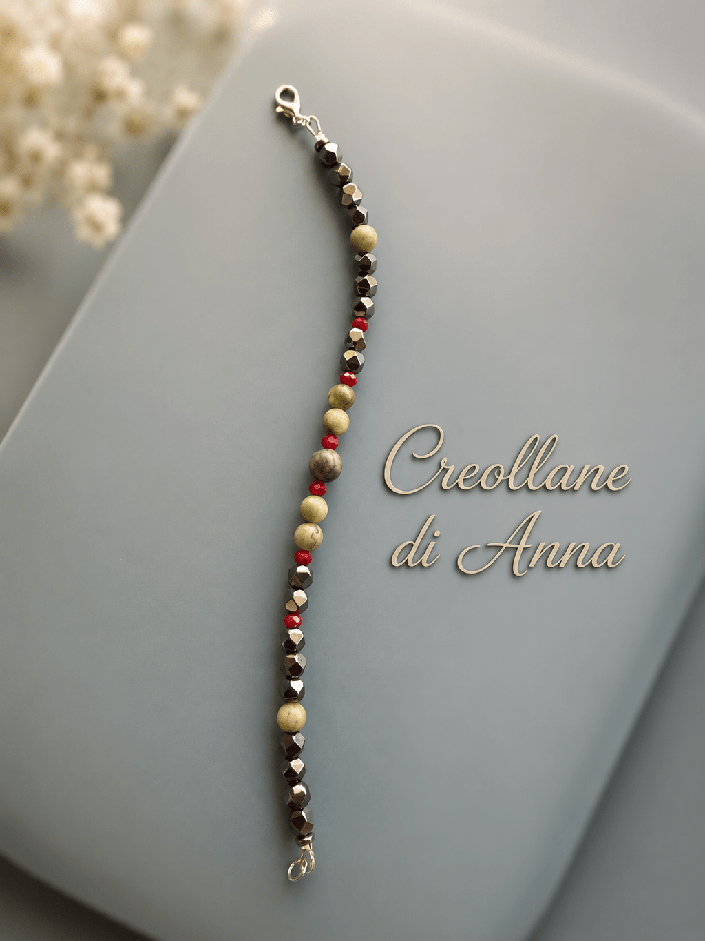 Bracciali Bracciale Uomo Ematite, Serpentino e Cristallo Rosso | Handmade Made in Italy - Handmade Made in Italy