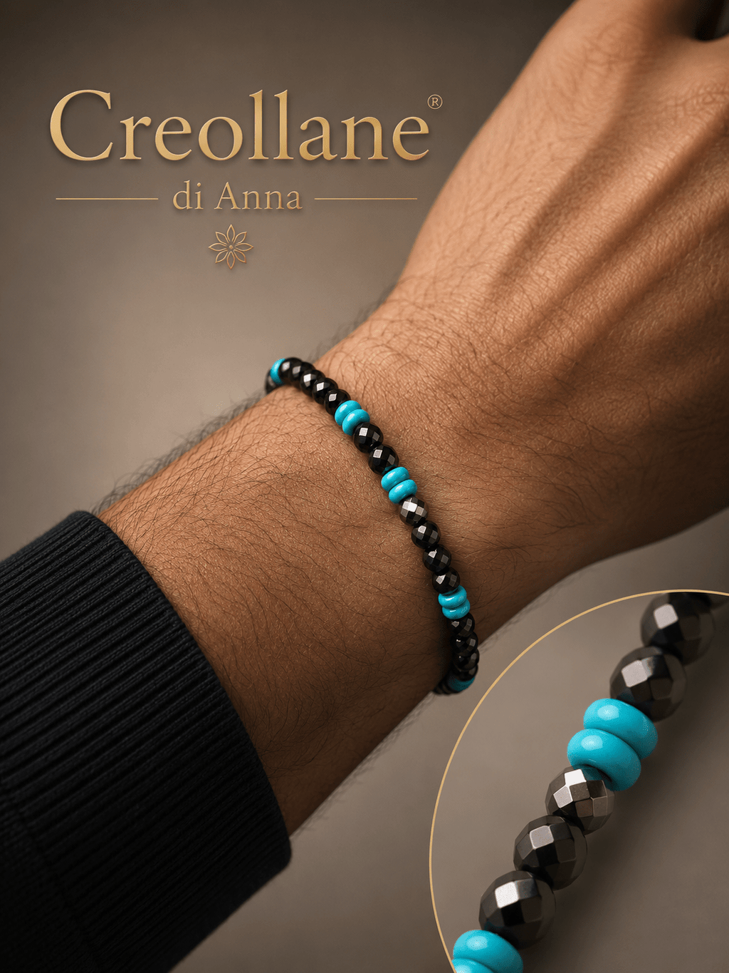 Bracciali Bracciale Uomo Onice Nero, Turchinite Azzurra ed Ematite Esagonale | Handmade Made in Italy - Handmade Made in Italy