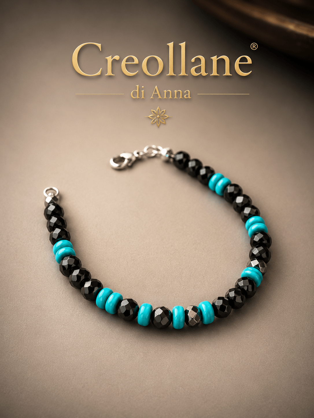 Bracciali Bracciale Uomo Onice Nero, Turchinite Azzurra ed Ematite Esagonale | Handmade Made in Italy - Handmade Made in Italy