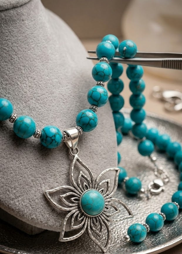 Collana Girocollo Elegante in Pasta di Turchese con Ciondolo in Acciaio | Handmade