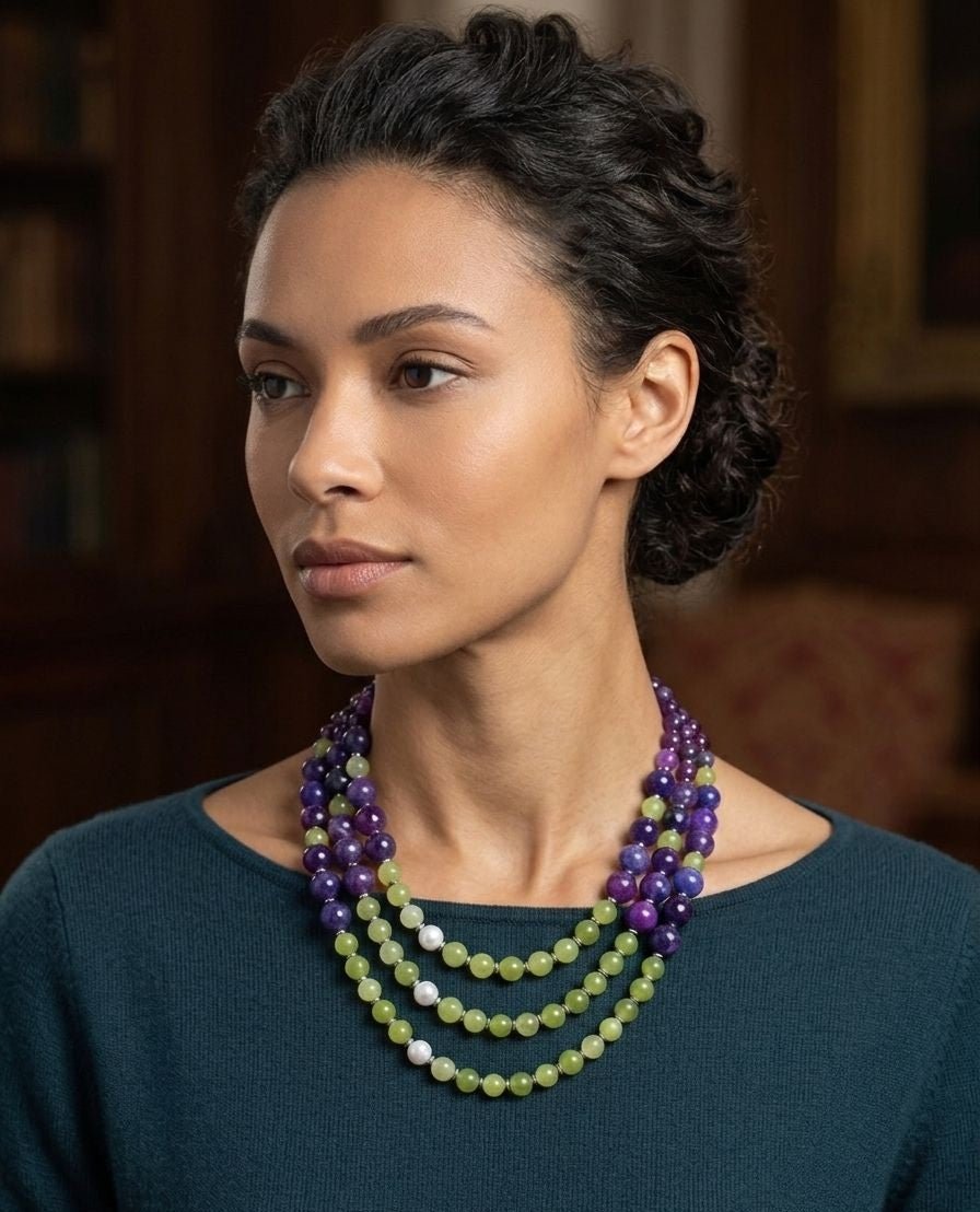 Collana Collana Agata Blu Viola con Crisoprasio, Perle di Maiorca ed Ematite – Handmade - Handmade Made in Italy