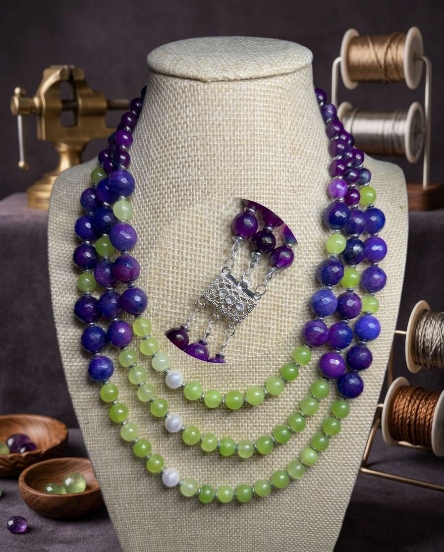 Collana Collana Agata Blu Viola con Crisoprasio, Perle di Maiorca ed Ematite – Handmade - Handmade Made in Italy