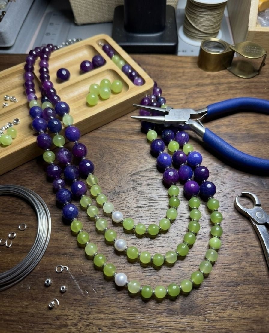 Collana Collana Agata Blu Viola con Crisoprasio, Perle di Maiorca ed Ematite – Handmade - Handmade Made in Italy