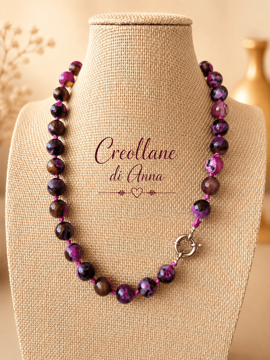 Collana Collana Agata di Fuoco Fucsia e Nero con Ciondolo in Perla Naturale - Handmade Made in Italy