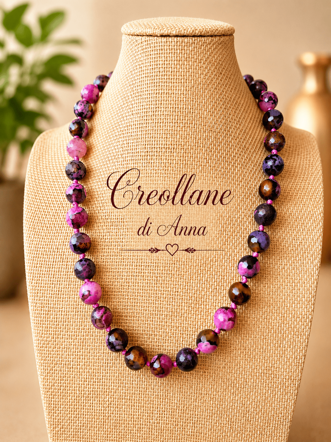 Collana Collana Agata di Fuoco Fucsia e Nero con Ciondolo in Perla Naturale - Handmade Made in Italy