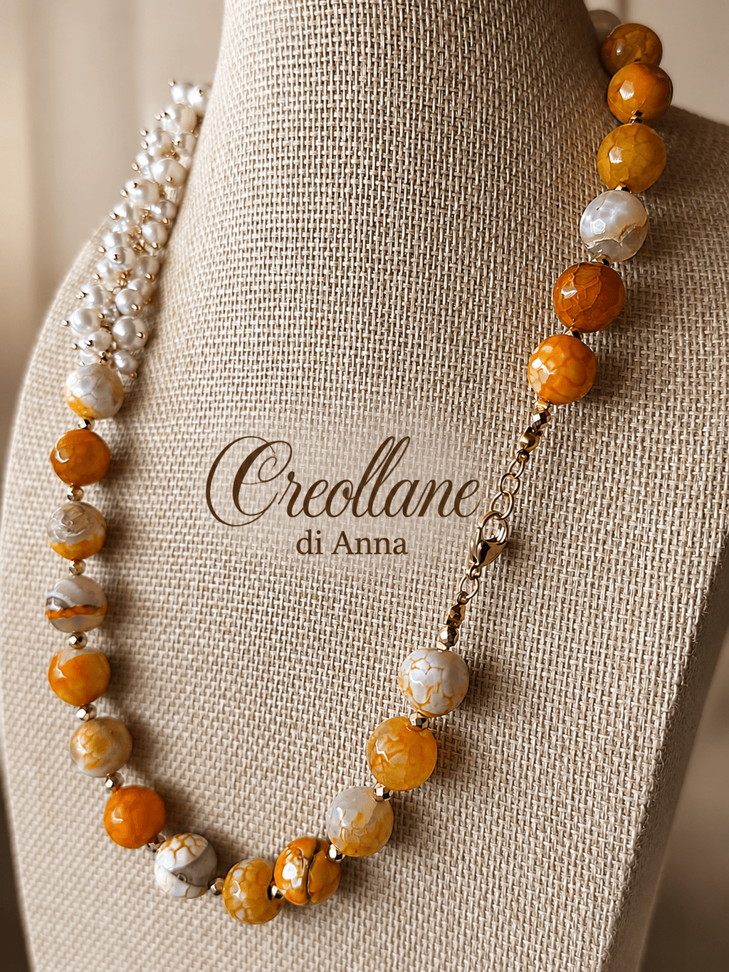 Collana Agata Tinta Sfaccettata con Perle Naturali e Ematite | Giallo Arancione, Bianco, Ocra | Made in Italy