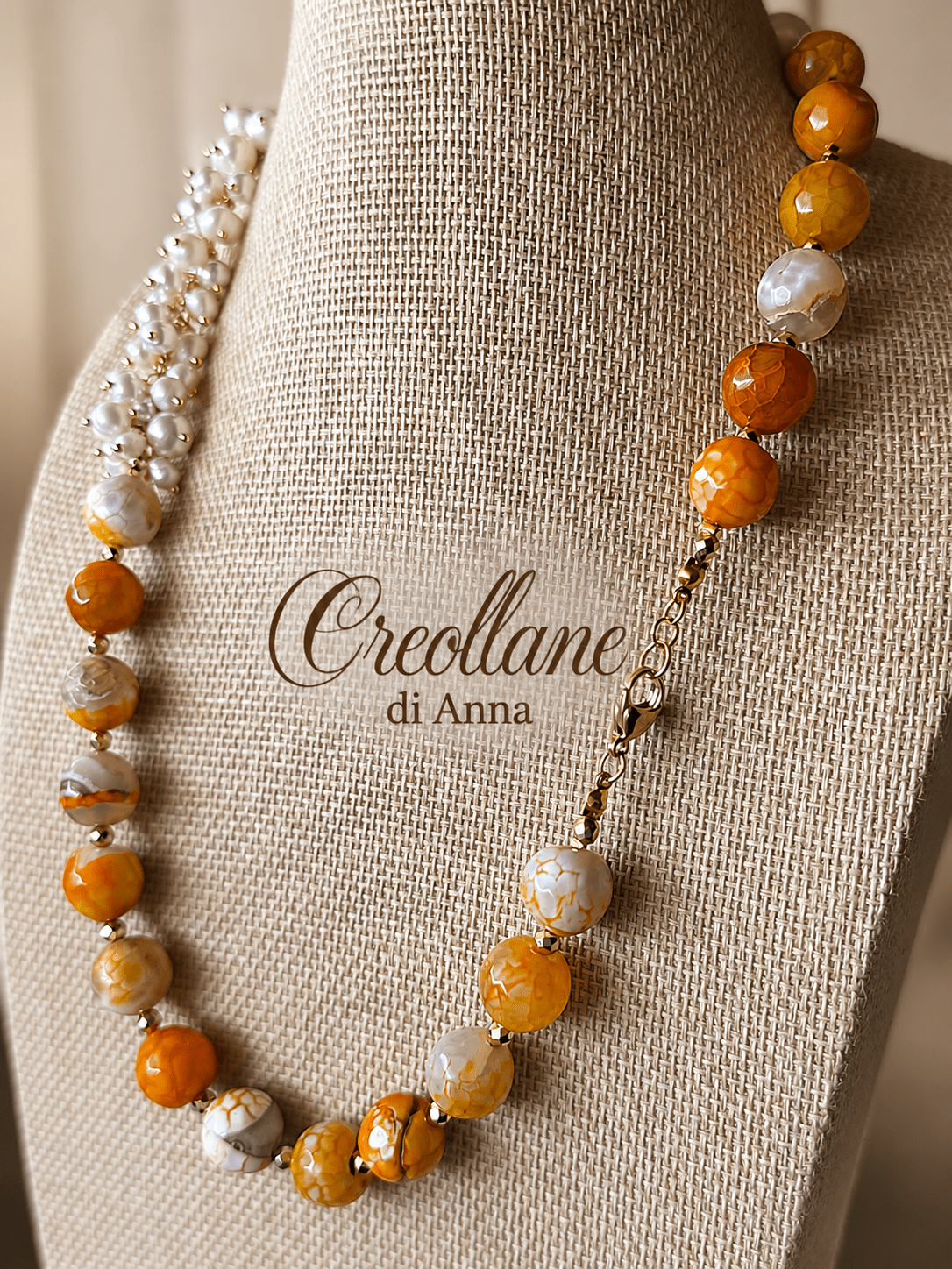 Collana Agata Tinta Sfaccettata con Perle Naturali e Ematite | Giallo Arancione, Bianco, Ocra | Made in Italy