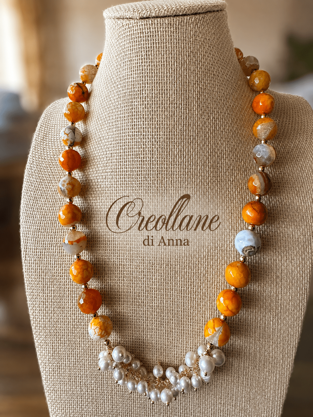 Collana Collana Agata Tinta Sfaccettata con Perle Naturali e Ematite | Giallo Arancione, Bianco, Ocra | Made in Italy - Handmade Made in Italy