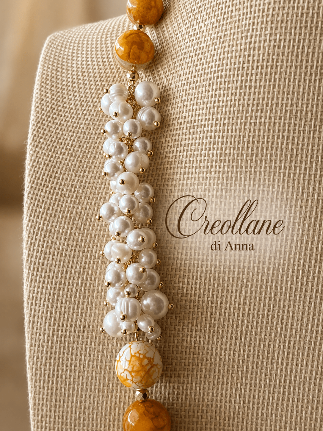 Collana Collana Agata Tinta Sfaccettata con Perle Naturali e Ematite | Giallo Arancione, Bianco, Ocra | Made in Italy - Handmade Made in Italy