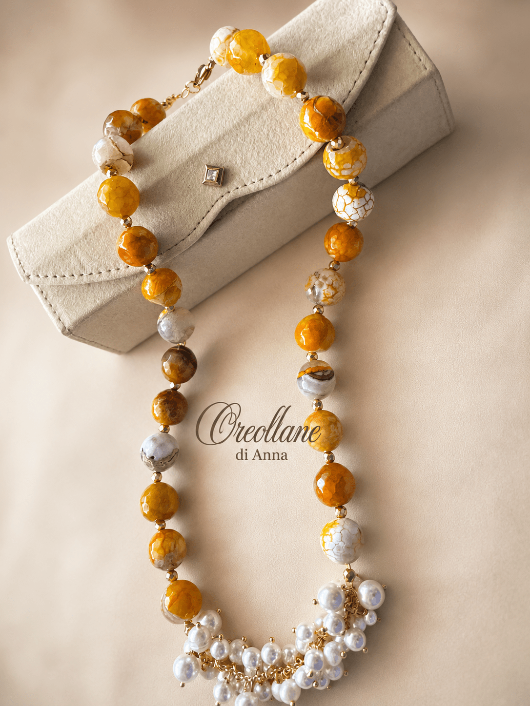 Collana Collana Agata Tinta Sfaccettata con Perle Naturali e Ematite | Giallo Arancione, Bianco, Ocra | Made in Italy - Handmade Made in Italy