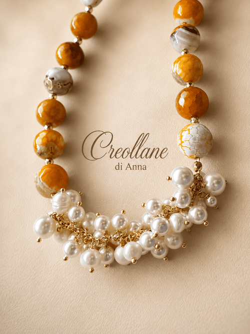 Collana Agata Tinta Sfaccettata con Perle Naturali e Ematite | Giallo Arancione, Bianco, Ocra | Made in Italy
