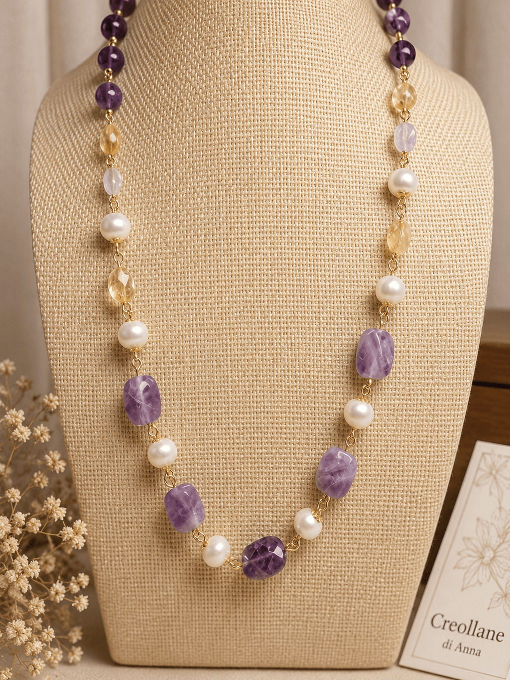 Collana Collana Artigianale Handmade | Ametista Rettangolare, Perle e Quarzo Citrino | Made in Italy - Handmade Made in Italy