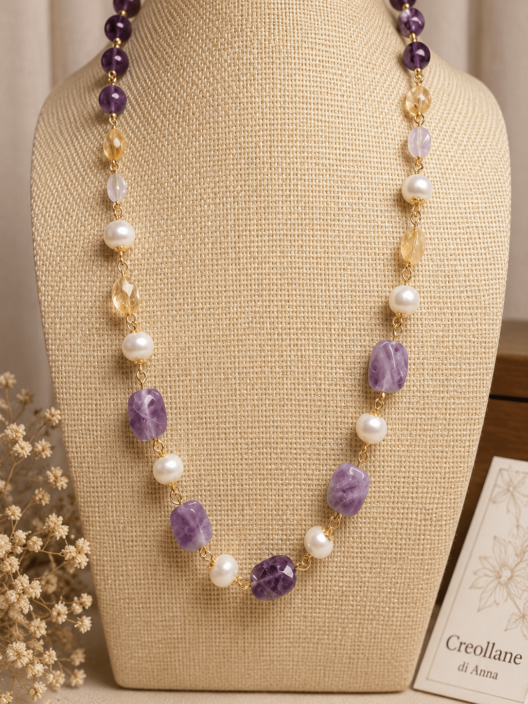 Collana Collana Artigianale Handmade | Ametista Rettangolare, Perle e Quarzo Citrino | Made in Italy - Handmade Made in Italy