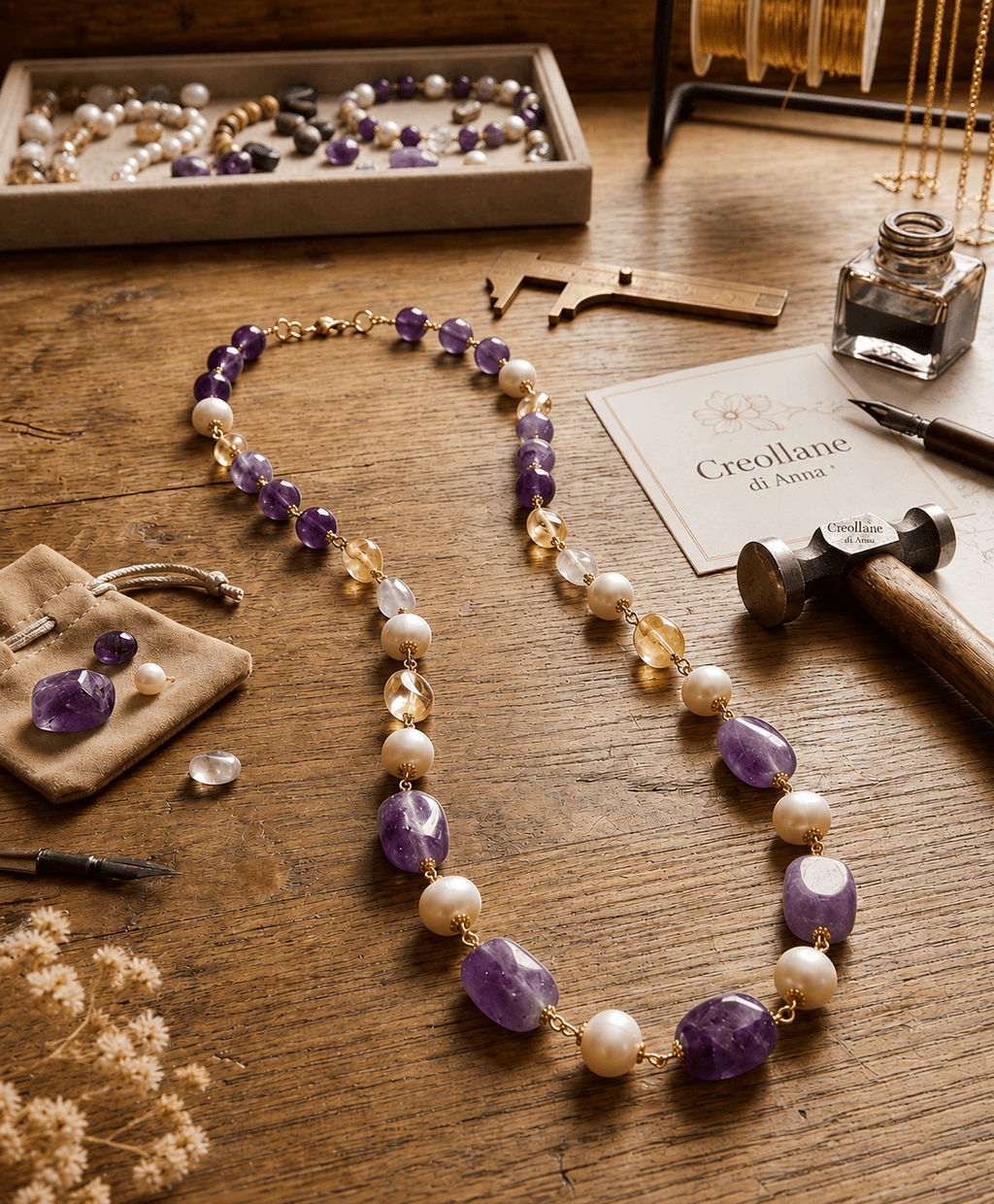 Collana Collana Artigianale Handmade | Ametista Rettangolare, Perle e Quarzo Citrino | Made in Italy - Handmade Made in Italy