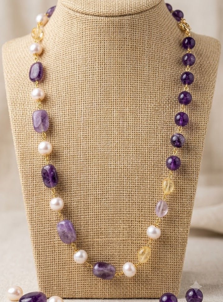 Collana Collana Artigianale Handmade | Ametista Rettangolare, Perle e Quarzo Citrino | Made in Italy - Handmade Made in Italy