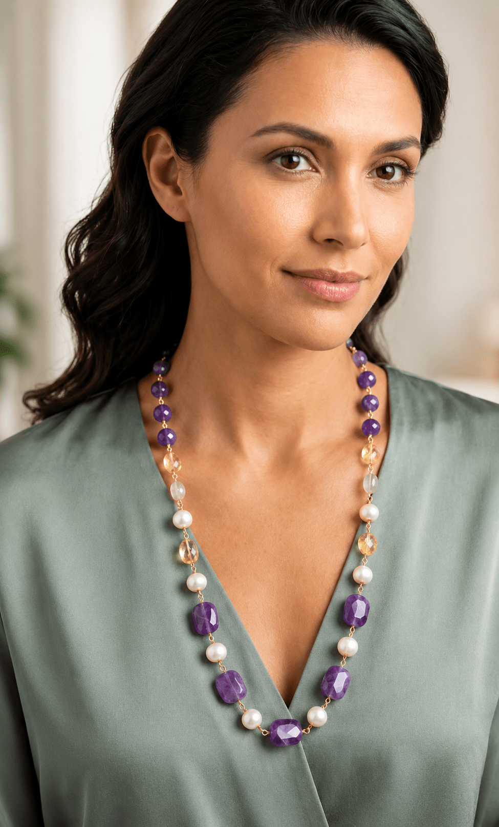 Collana Collana Artigianale Handmade | Ametista Rettangolare, Perle e Quarzo Citrino | Made in Italy - Handmade Made in Italy