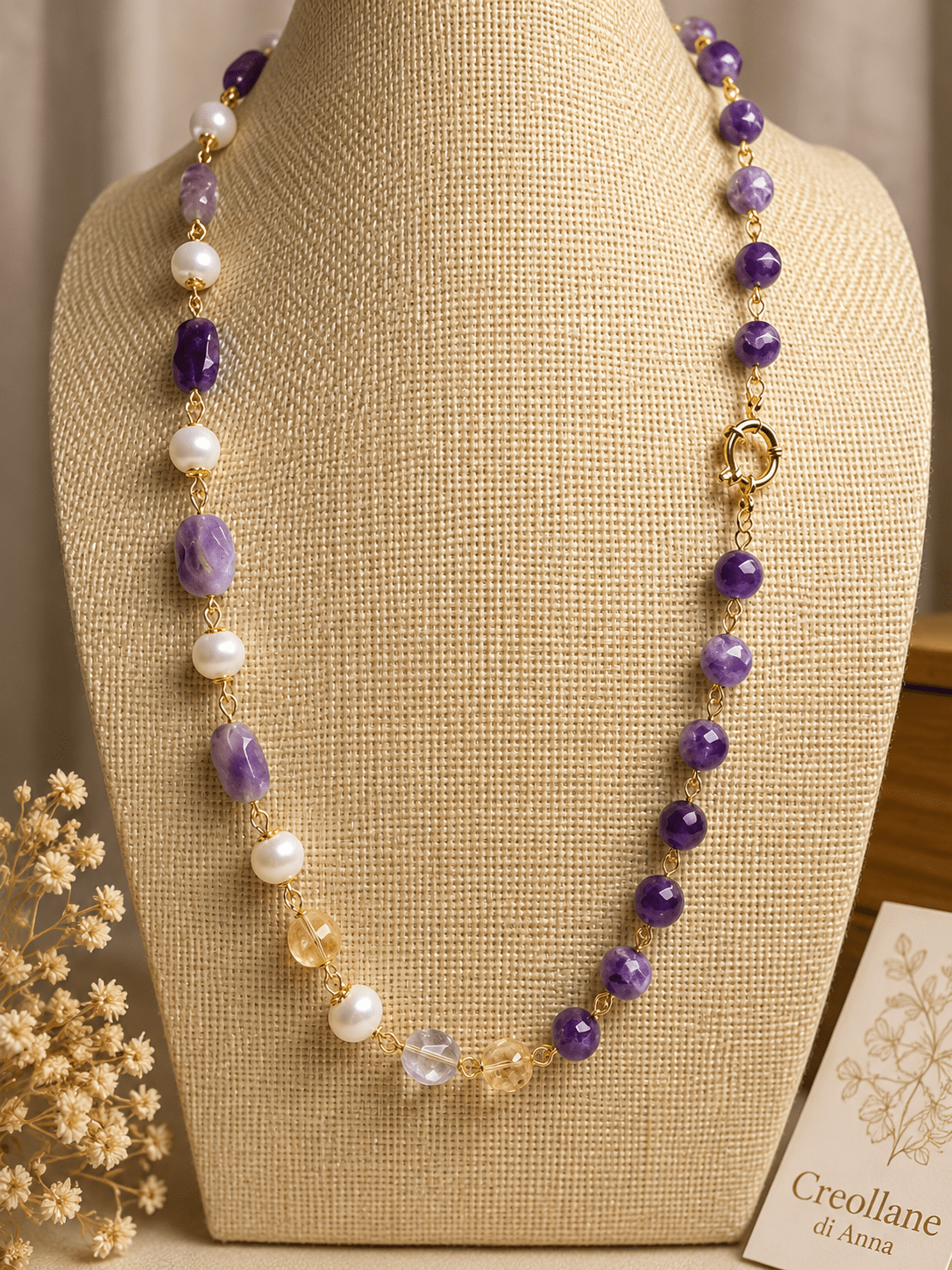 Collana Collana Artigianale Handmade | Ametista Rettangolare, Perle e Quarzo Citrino | Made in Italy - Handmade Made in Italy