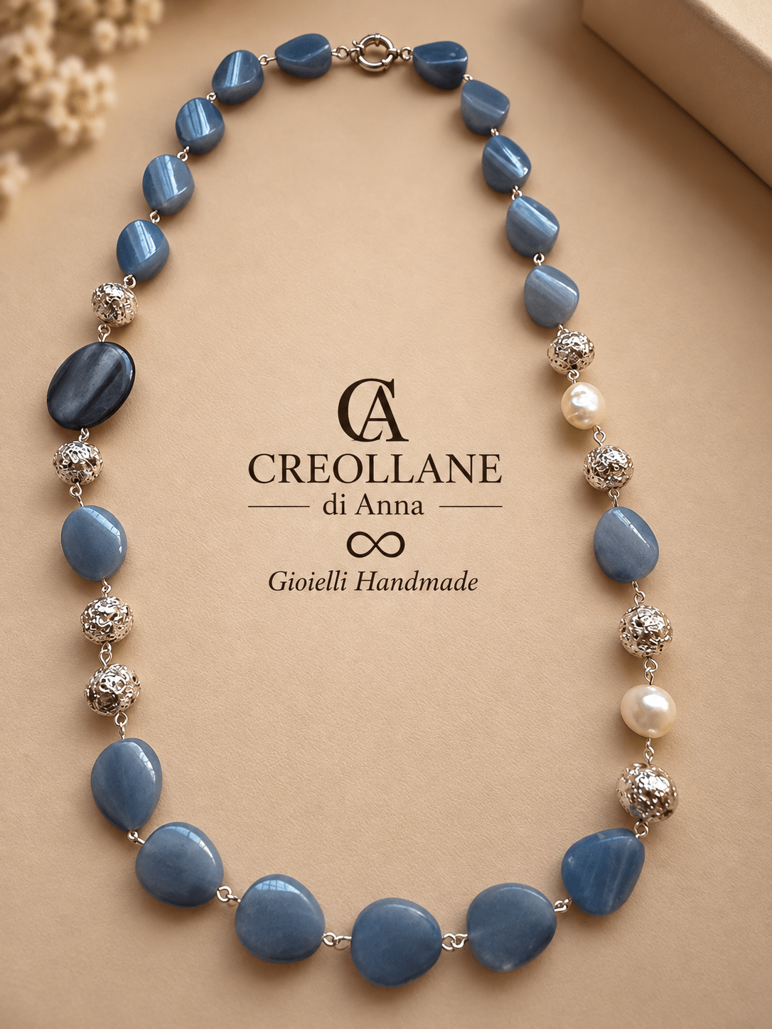 Collana Collana e Orecchini Avventurina Blu, Pietra Lavica, Perle Scaramazze e Madreperla | Made in Italy - Handmade Made in Italy