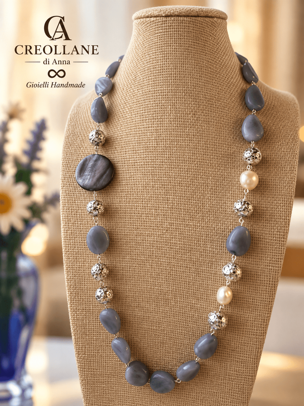 Collana Collana e Orecchini Avventurina Blu, Pietra Lavica, Perle Scaramazze e Madreperla | Made in Italy - Handmade Made in Italy