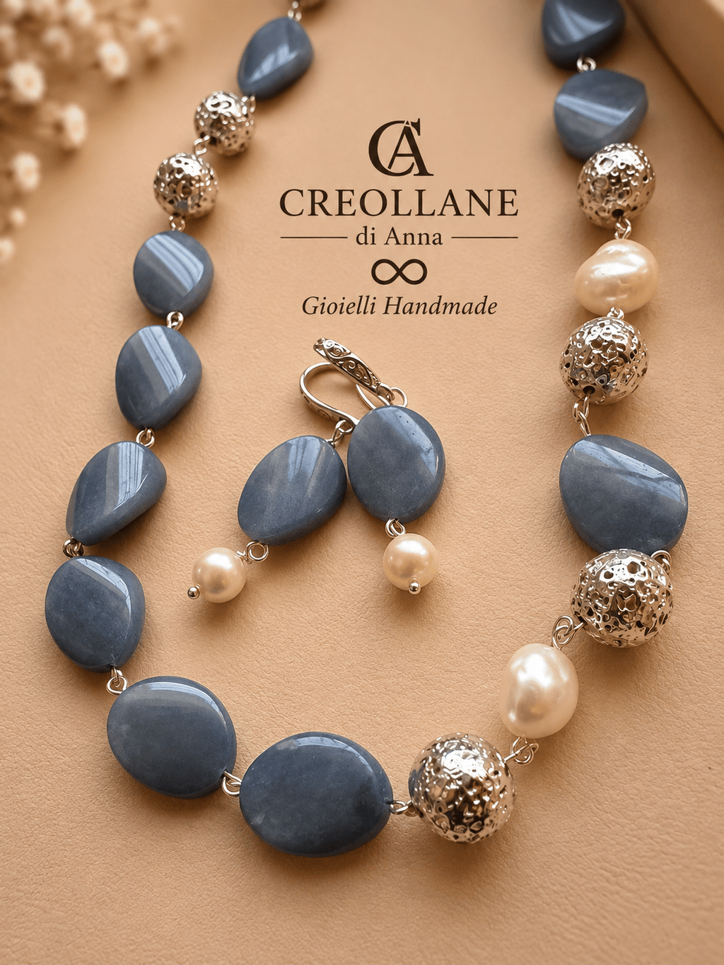 Collana Collana e Orecchini Avventurina Blu, Pietra Lavica, Perle Scaramazze e Madreperla | Made in Italy - Handmade Made in Italy