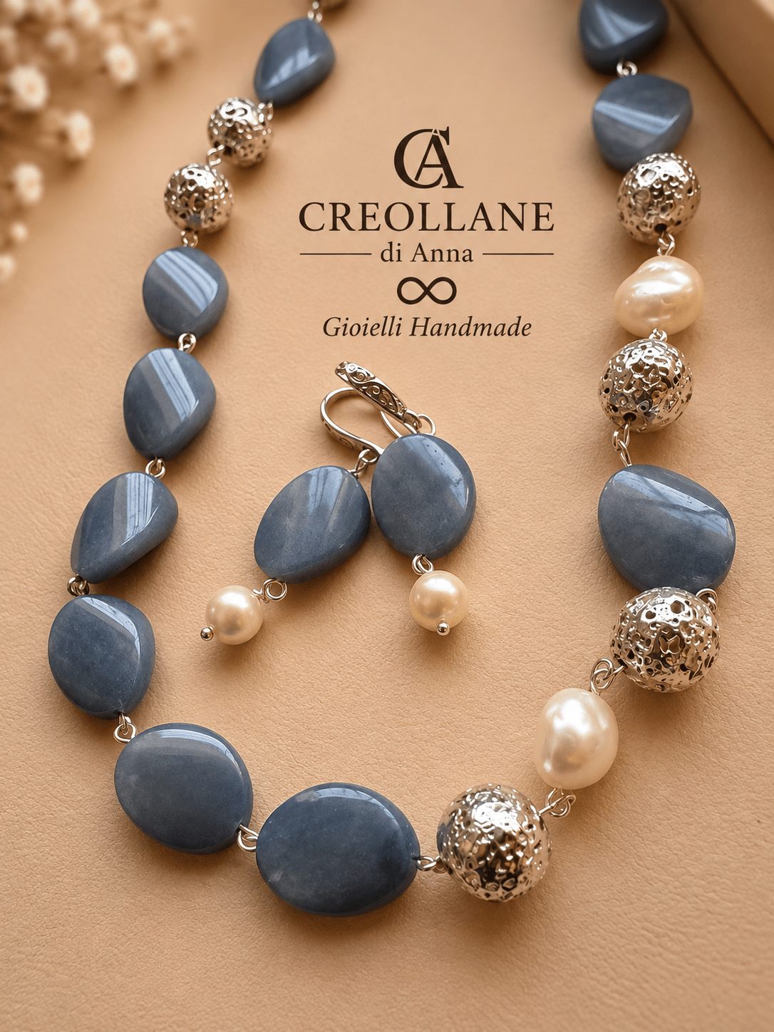 Collana Collana e Orecchini Avventurina Blu, Pietra Lavica, Perle Scaramazze e Madreperla | Made in Italy - Handmade Made in Italy