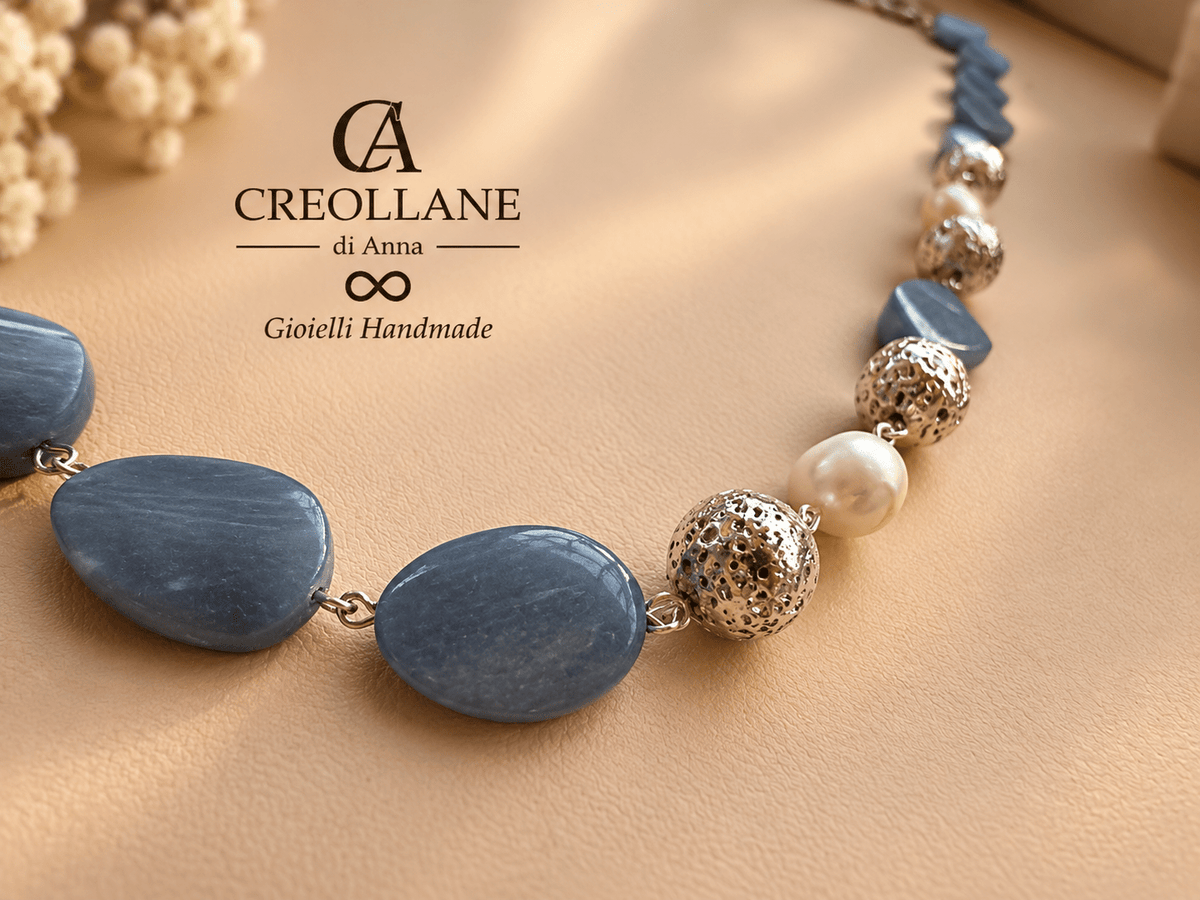 Collana Collana e Orecchini Avventurina Blu, Pietra Lavica, Perle Scaramazze e Madreperla | Made in Italy - Handmade Made in Italy