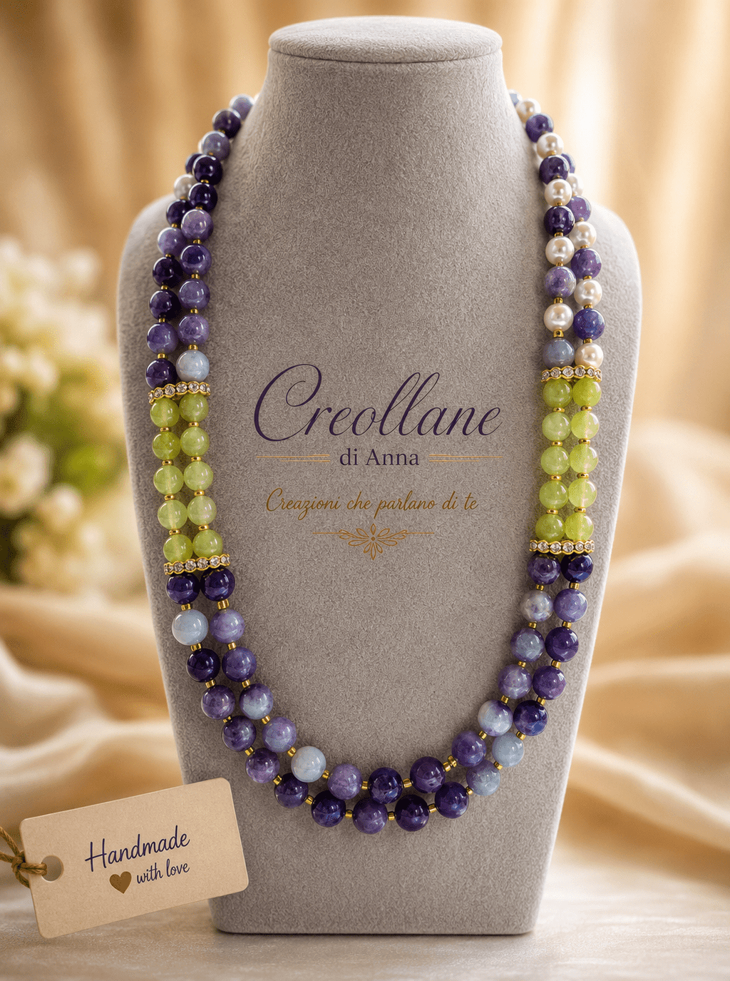Collana Collana Girocollo Due Fili – Agata Viola, Serpentino Verde e Perle di Maiorca - Handmade Made in Italy