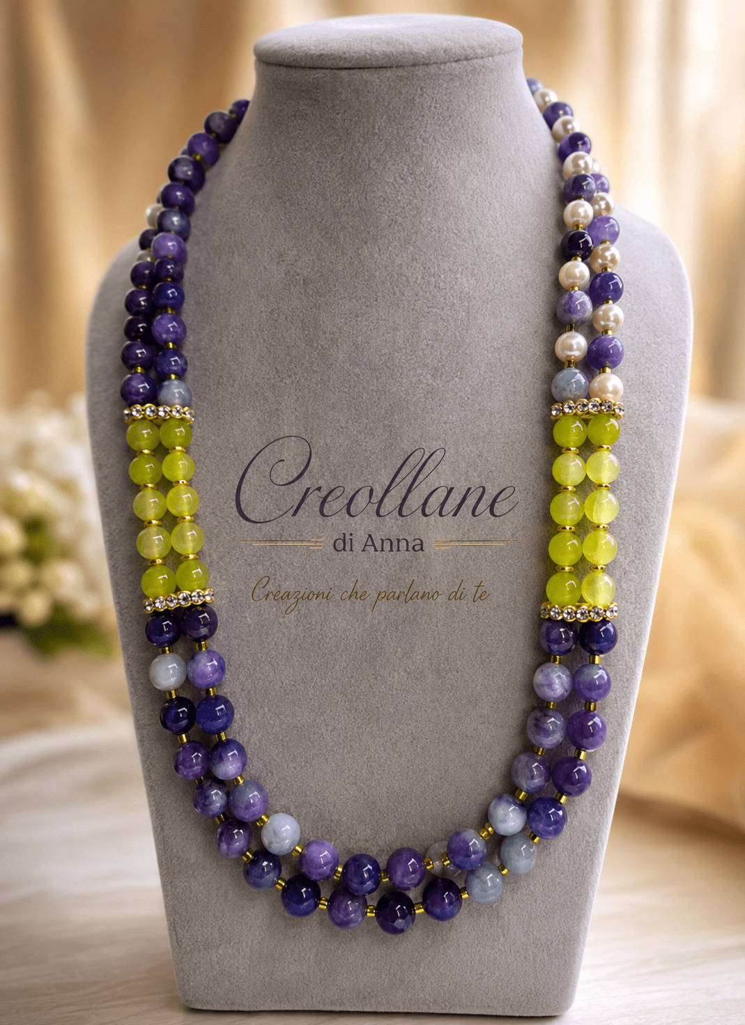Collana Collana Girocollo Due Fili – Agata Viola, Serpentino Verde e Perle di Maiorca - Handmade Made in Italy