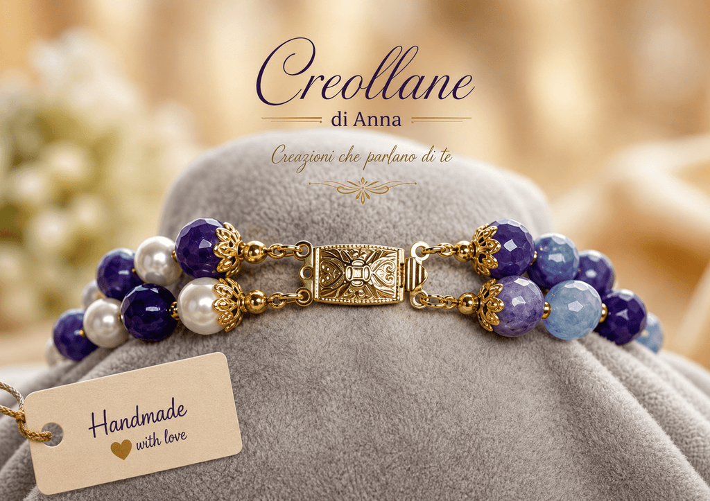 Collana Collana Girocollo Due Fili – Agata Viola, Serpentino Verde e Perle di Maiorca - Handmade Made in Italy