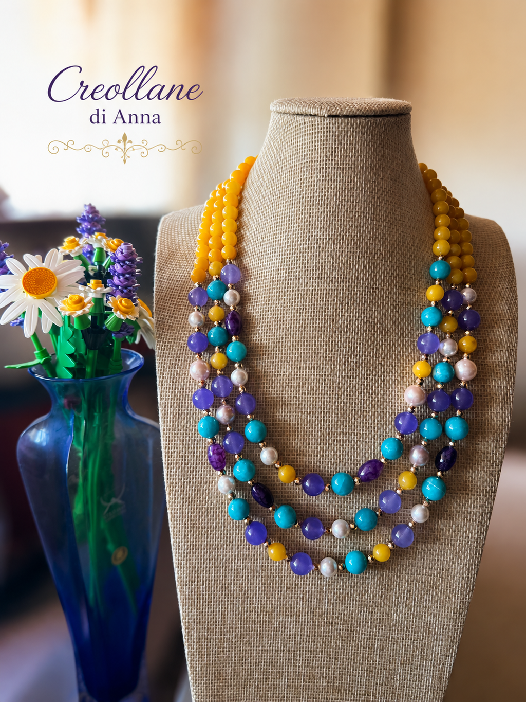 Collana Girocollo Multifilo Artigianale | Agata Naturale, Perle di Maiorca ed Ematite | Made in Italy