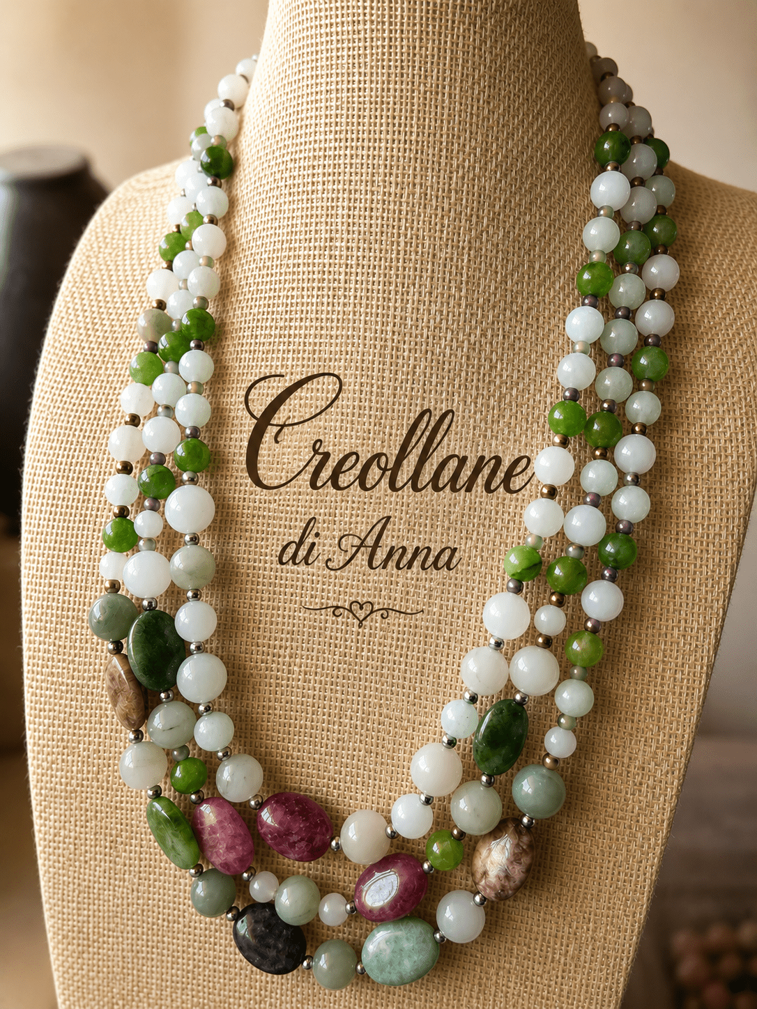 Collana Collana Girocollo Multifilo Artigianale Handmade | Giadite, Agata Verde, Giada Fucsia e Ematite | Made in Italy - Handmade Made in Italy