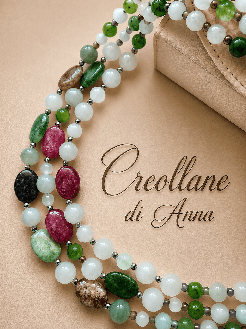 Collana Girocollo Multifilo Artigianale | Giadite, Agata Verde, Giada Fucsia e Ematite | Made in Italy