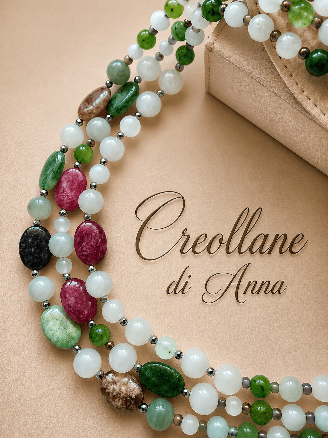 Collana Collana Girocollo Multifilo Artigianale Handmade | Giadite, Agata Verde, Giada Fucsia e Ematite | Made in Italy - Handmade Made in Italy