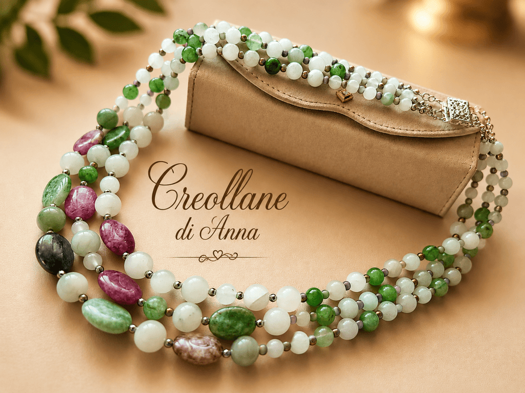Collana Girocollo Multifilo Artigianale | Giadite, Agata Verde, Giada Fucsia e Ematite | Made in Italy
